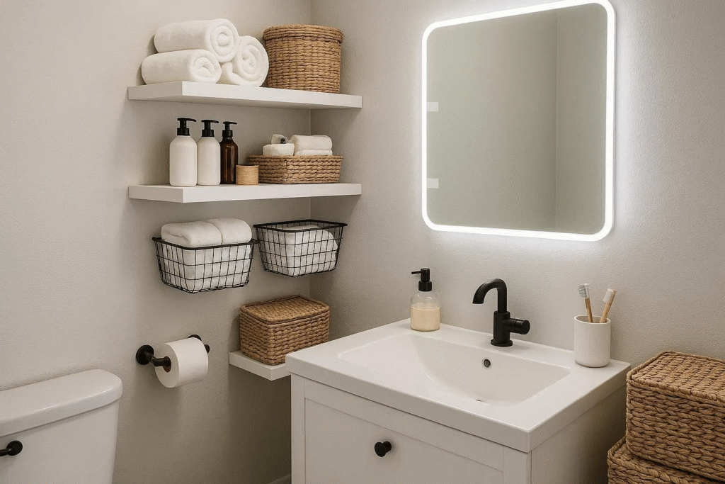 Bathroom featuring floating shelves, wall-mounted baskets, under-sink organizers, and hidden shelving for improved storage and organization.”