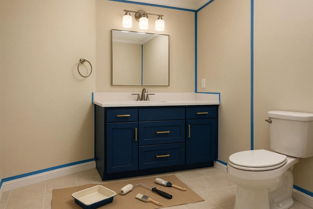 “Bathroom paint setup with neutral wall colors, accent vanity, bright lighting, painter’s tape, and paint rollers for a clean finish.”
