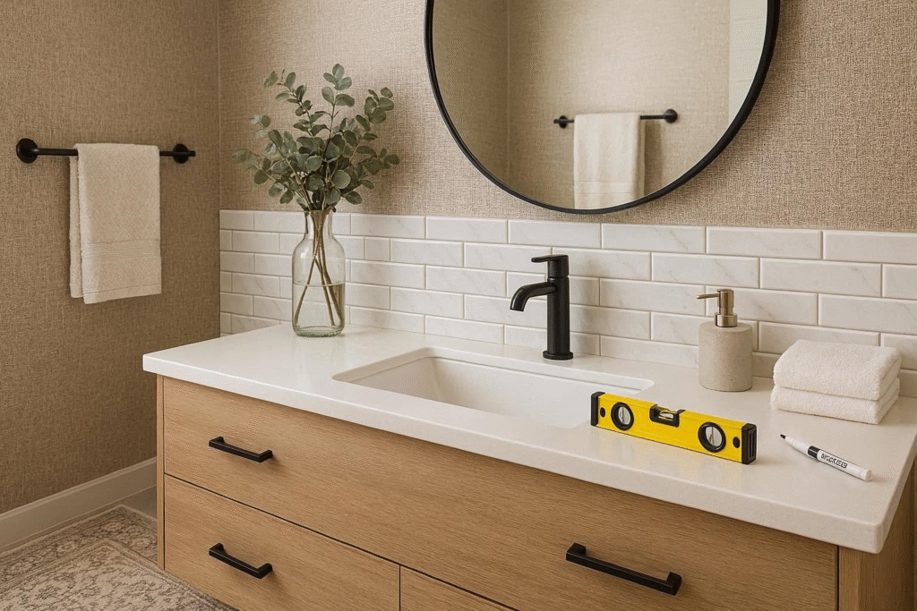 “Bathroom with textured wallpaper, patterned rug, peel-and-stick backsplash, and tools like level and grout pen for precise installation.”