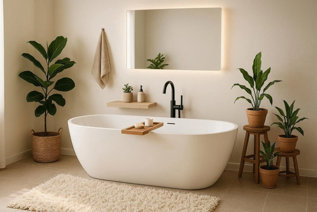 Spa-inspired bathroom featuring freestanding tub, indoor plants, soft lighting, accent rug, and uncluttered modern décor.”