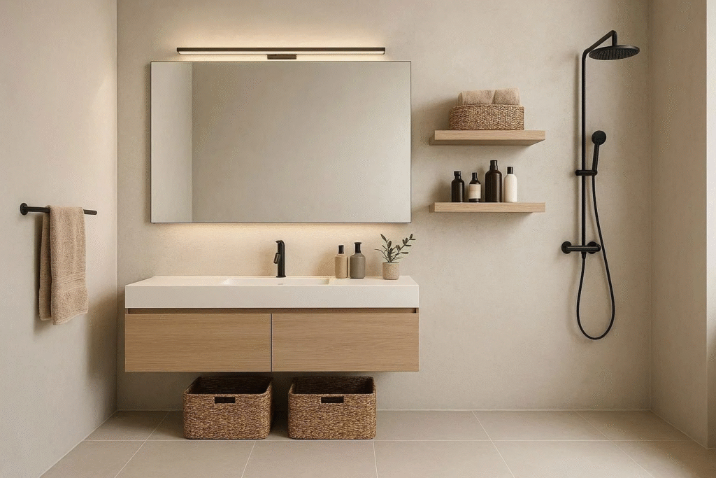 Modern minimalist bathroom with floating shelves, frameless mirror, matte black fixtures, and textured feature wall”

