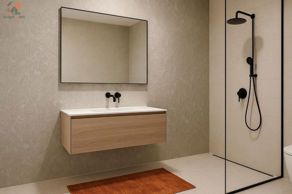 Contemporary bathroom with a textured feature wall, frameless mirror, matte black fixtures, and modern tile accents