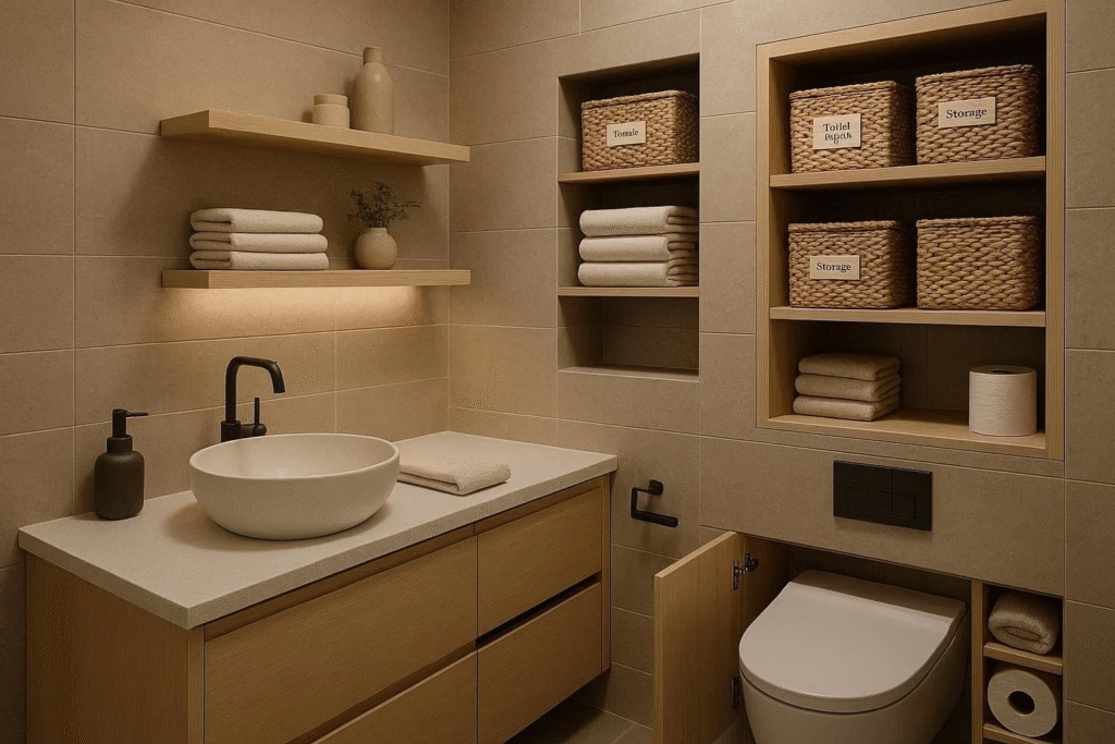 Bathroom showcasing smart storage solutions with floating shelves, organization baskets, and minimalist decor