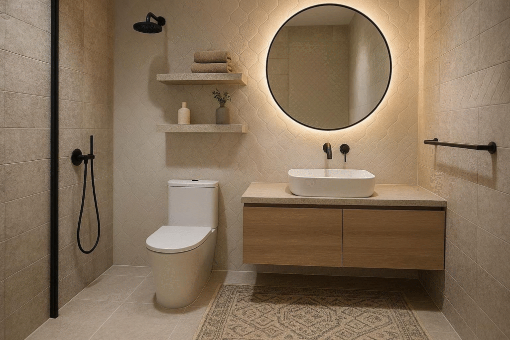 Close-up of modern bathroom tiles, LED lighting upgrade, frameless mirror, and matte black fixtures