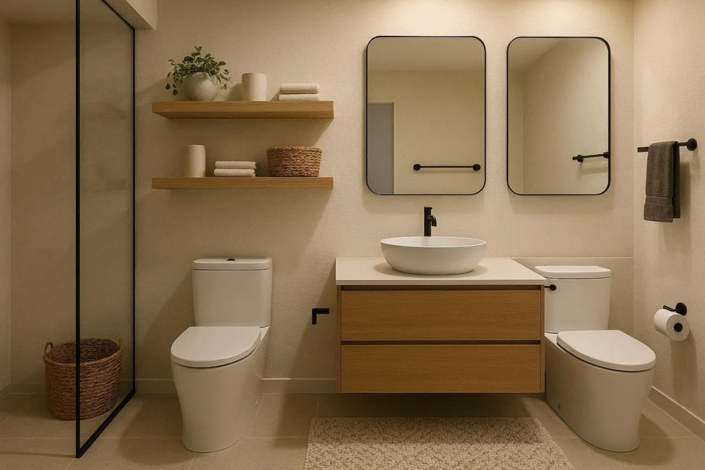 Stylish modern bathroom featuring minimalist design, eco-friendly materials, floating shelves, and soft accent rug