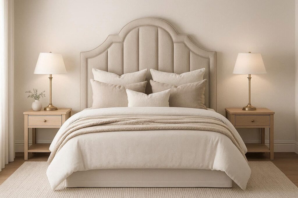 Affordable master bedroom decorating ideas featuring matching bedside lamps, layered bedding, and a calm neutral color palette