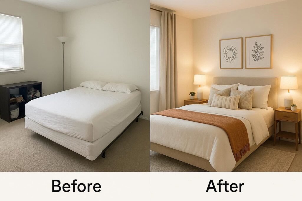 Step-by-step master bedroom makeover on a budget showing decluttering, lighting updates, and affordable decor improvements