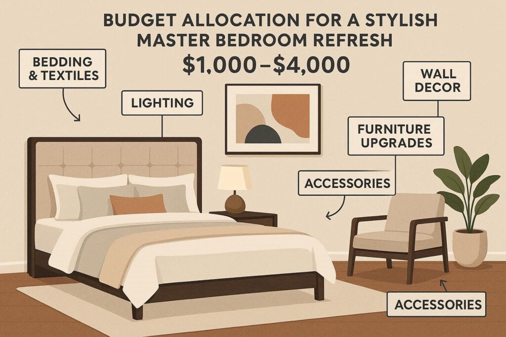 Budget breakdown for a master bedroom refresh showing spending on bedding, lighting, furniture upgrades, and wall decor