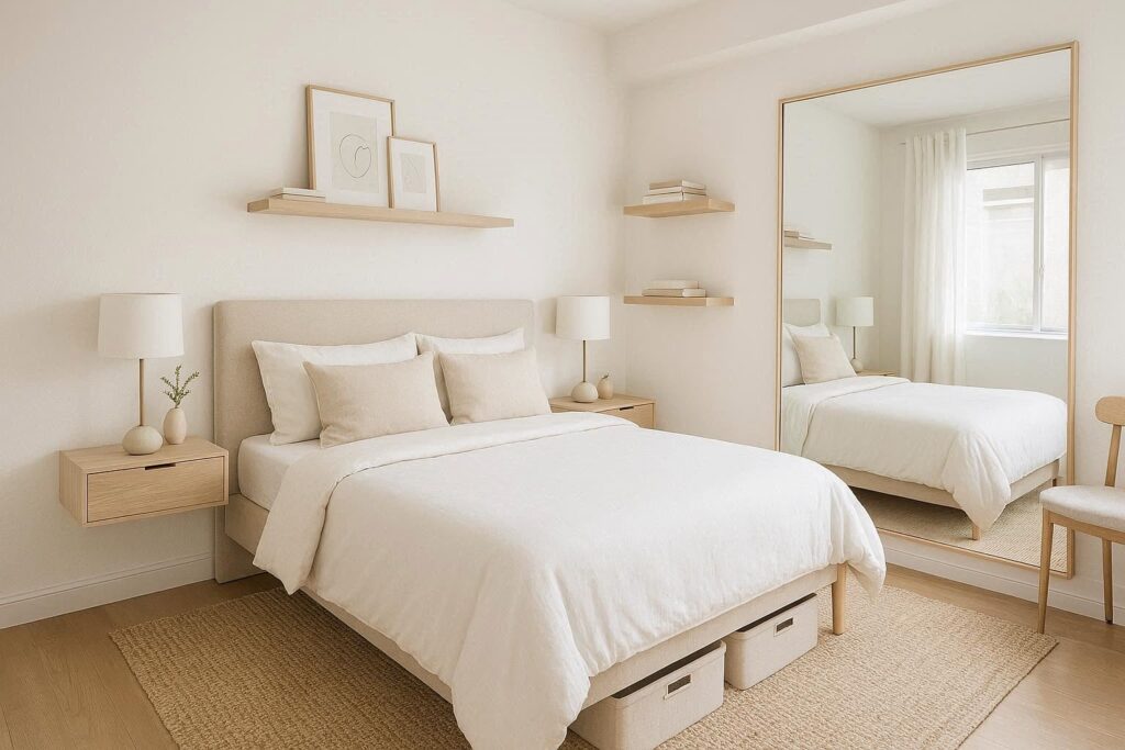 Small master bedroom decorating ideas on a budget using wall-mounted nightstands, mirrors, and light colors to save space