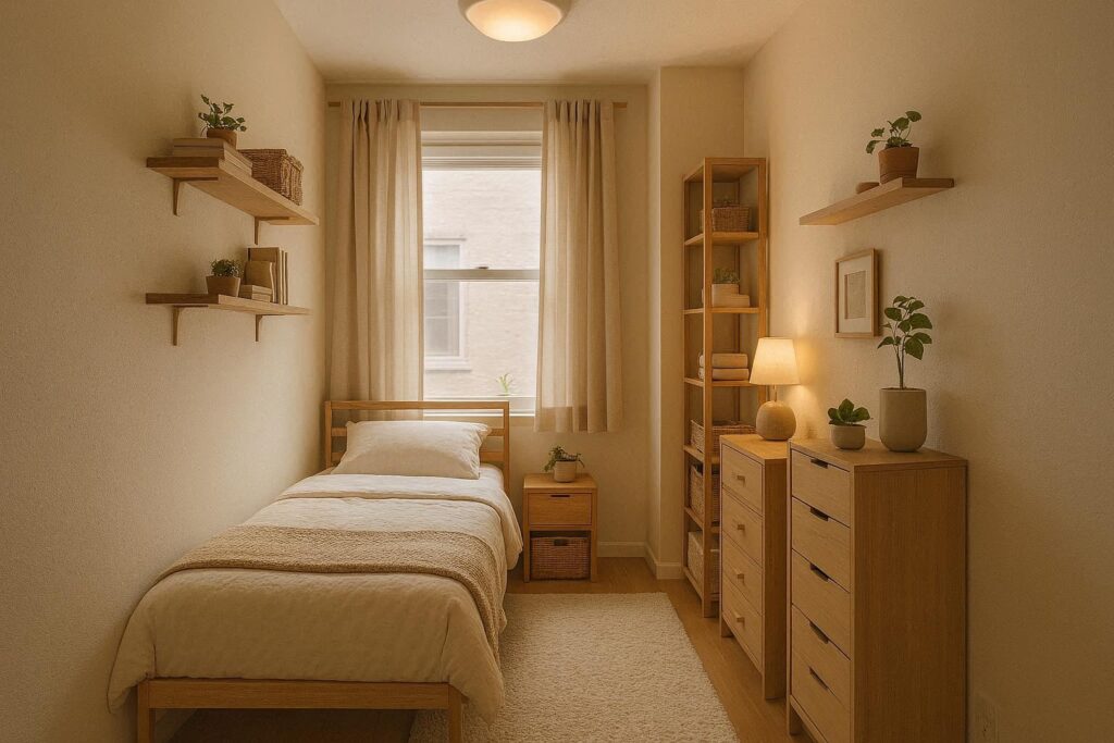 Budget-friendly master bedroom design for small spaces with slim furniture, floating shelves, and smart storage solutions