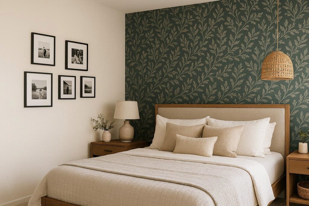Cheap wall decor ideas for a master bedroom including DIY art, framed prints, and peel-and-stick wallpaper