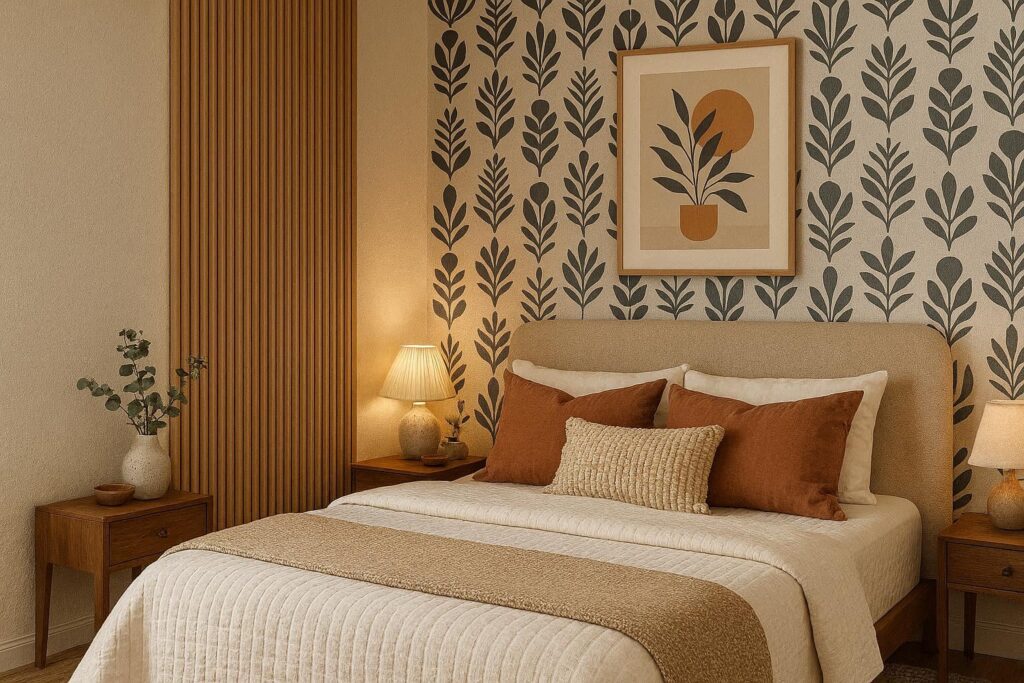 DIY master bedroom decorating ideas including upholstered headboard, accent wall paneling, and budget-friendly wall art