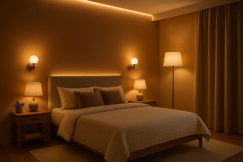 Budget lighting ideas for a master bedroom with table lamps, wall sconces, LED lights, and warm ambient lighting