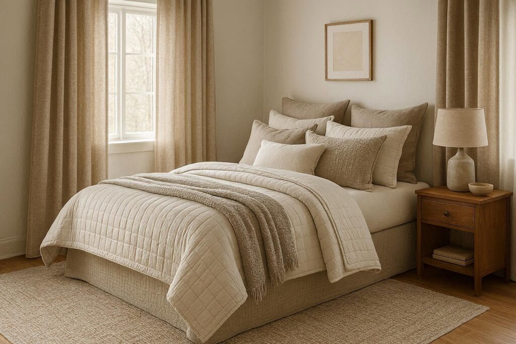 Affordable bedding and textile ideas for a cozy master bedroom with layered sheets, throws, pillows, and rugs
