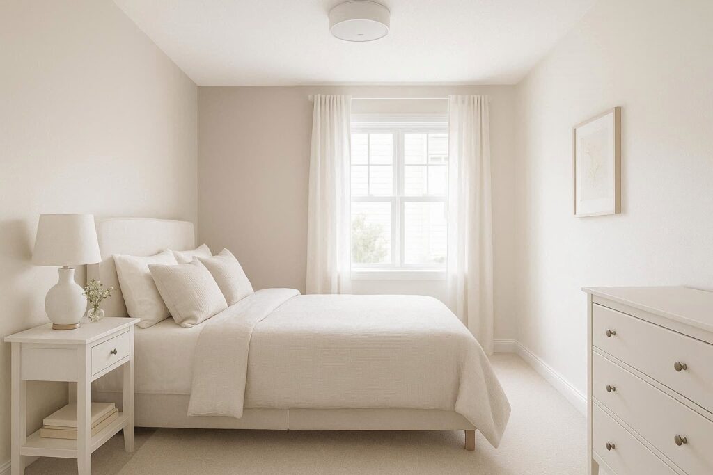 Light color schemes for a small master bedroom that make the space look bigger using whites, taupes, and soft grays