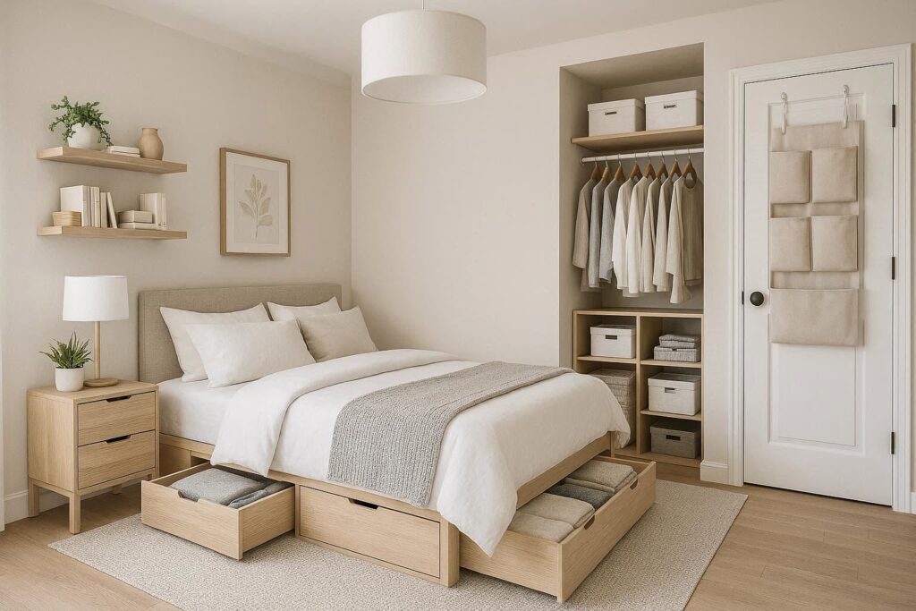 Smart storage ideas for a small master bedroom including under-bed storage, floating shelves, and over-the-door organizers