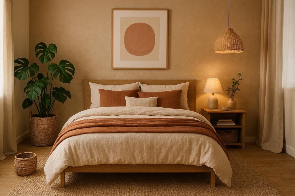 Modern master bedroom design ideas for 2026 featuring cozy minimalism, earthy tones, layered textiles, and plants
