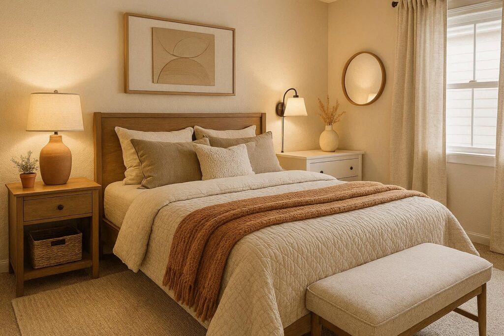 master bedroom on a tight budget using layered bedding, smart lighting, and simple decor