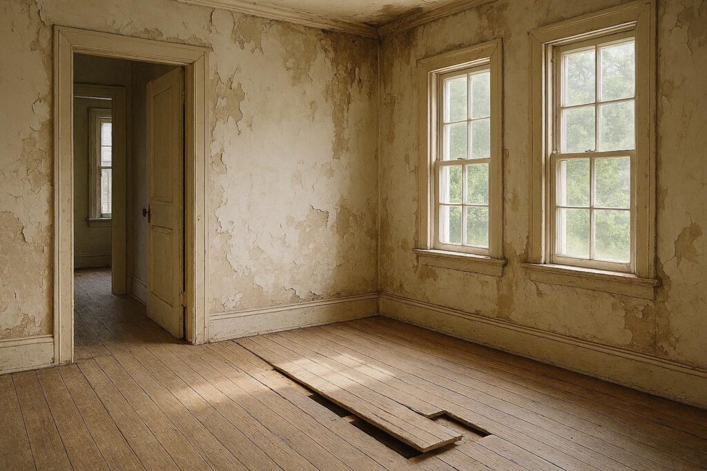 Homeowner inspecting an old house interior while planning zero budget home renovation