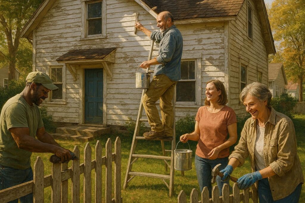 Friends and neighbors helping with home renovation through bartering and free labor