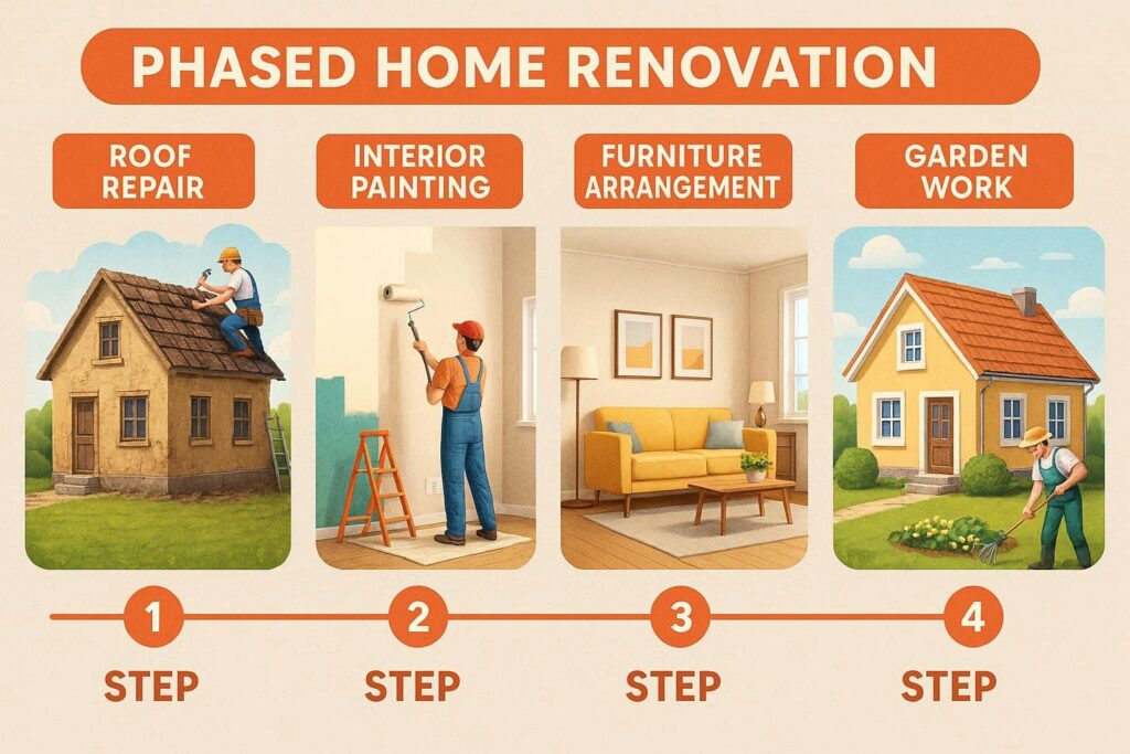 Phased renovation plan for fixing an old house gradually with no budget
