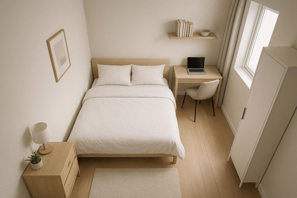 Smart layout ideas for small adult bedrooms on a budget with compact furniture and open floor space