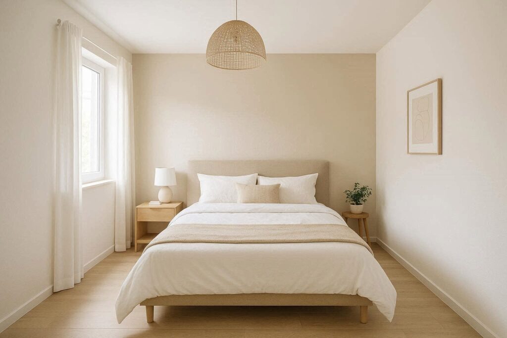 Light wall colors making a small bedroom look bigger with a simple accent wall