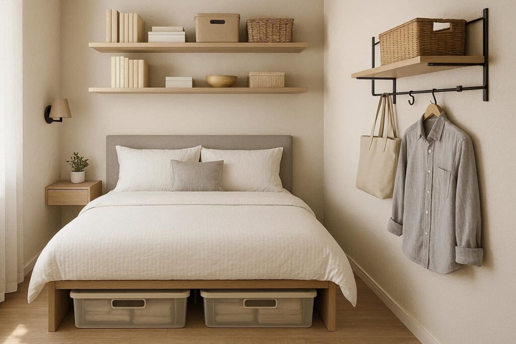 Cheap small bedroom storage ideas on a budget using under-bed storage and wall shelves