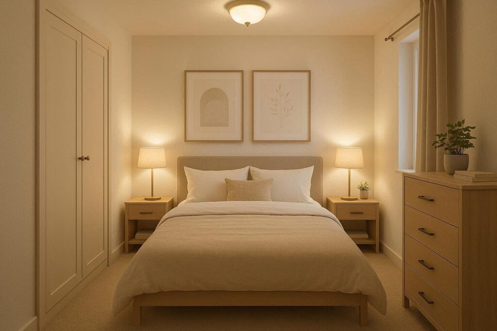 Small bedroom ideas for couples on a budget with shared storage and a calm neutral design