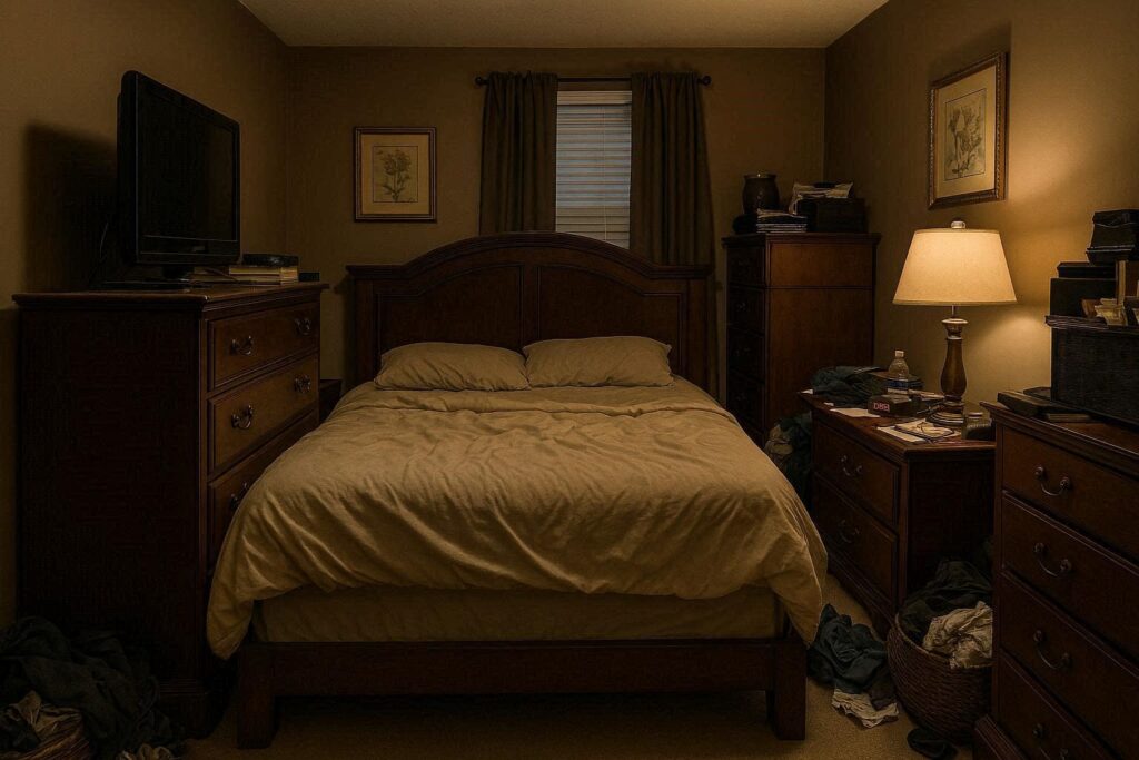 Common small bedroom decorating mistakes showing overcrowded furniture