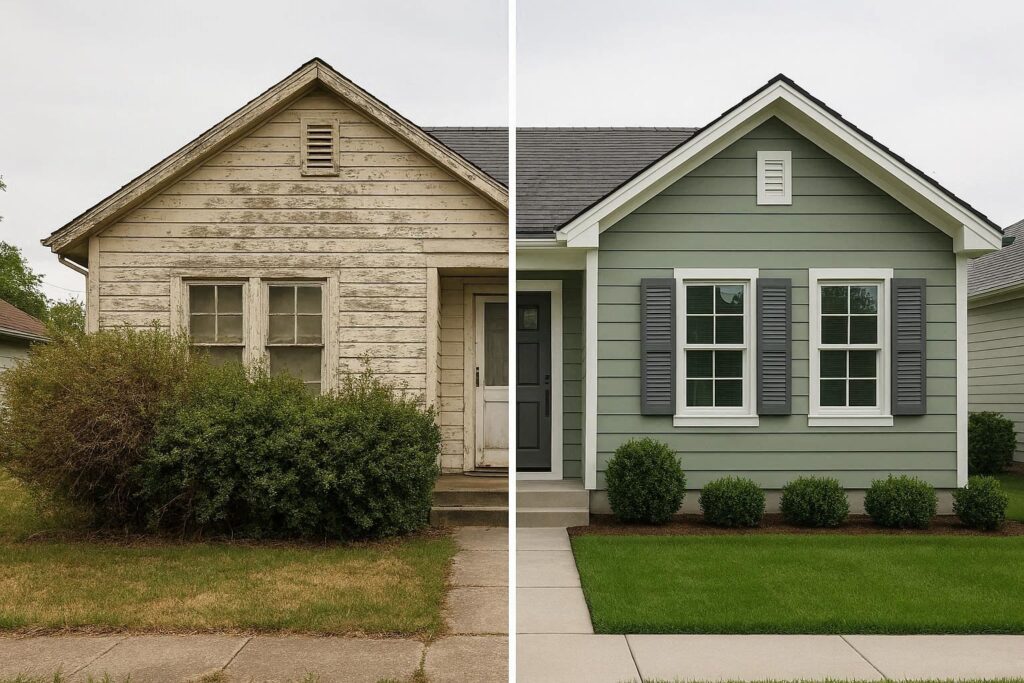 Before and after comparison showing how updating the exterior of a house improves curb appeal
