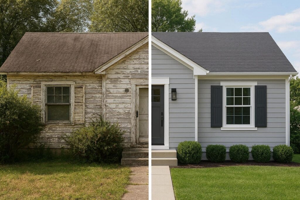 Before and after comparison how updating the exterior of a house improves curb appeal