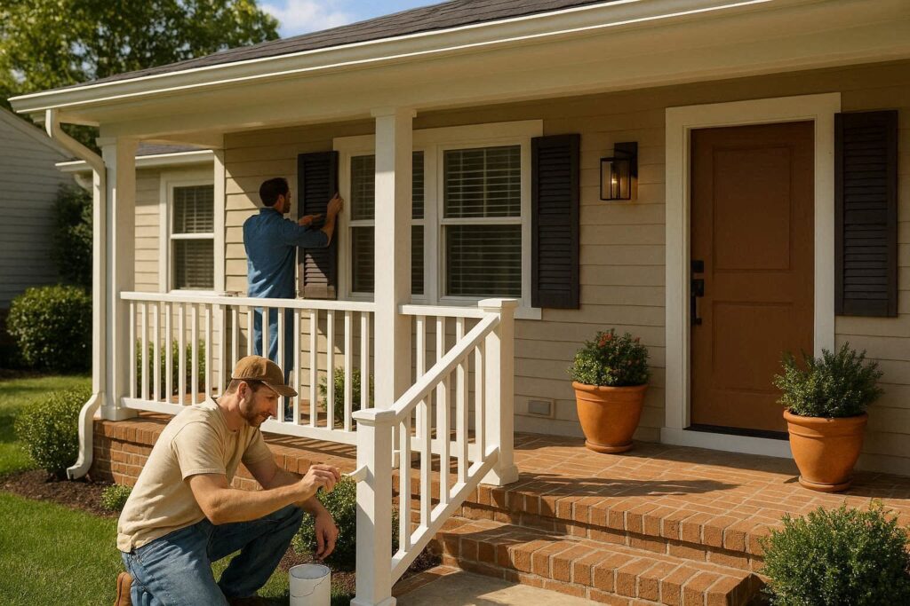 DIY exterior home update ideas such as painting porch railings and adding shutters