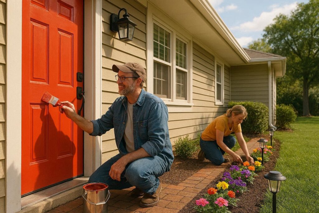 Budget-friendly exterior house updates including painted front door and simple landscaping