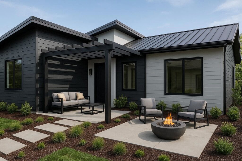 Modern exterior house update ideas with sleek siding, neutral colors, and outdoor seating