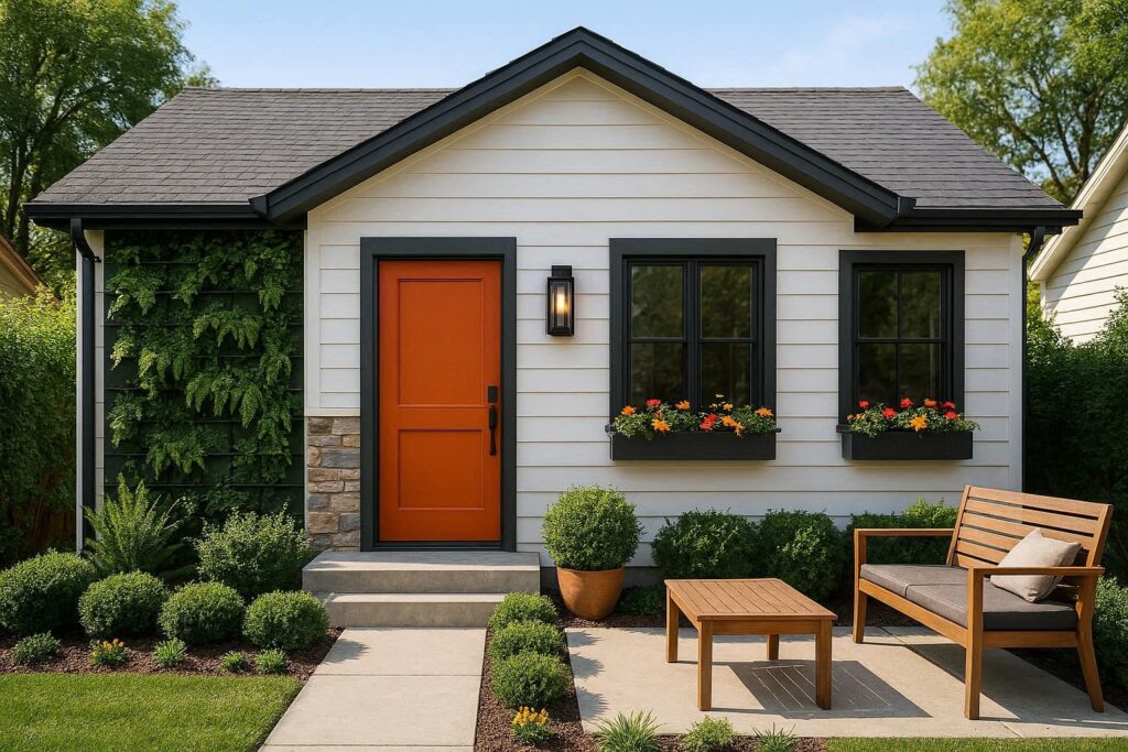 Exterior update ideas for small houses using bold colors and compact landscaping