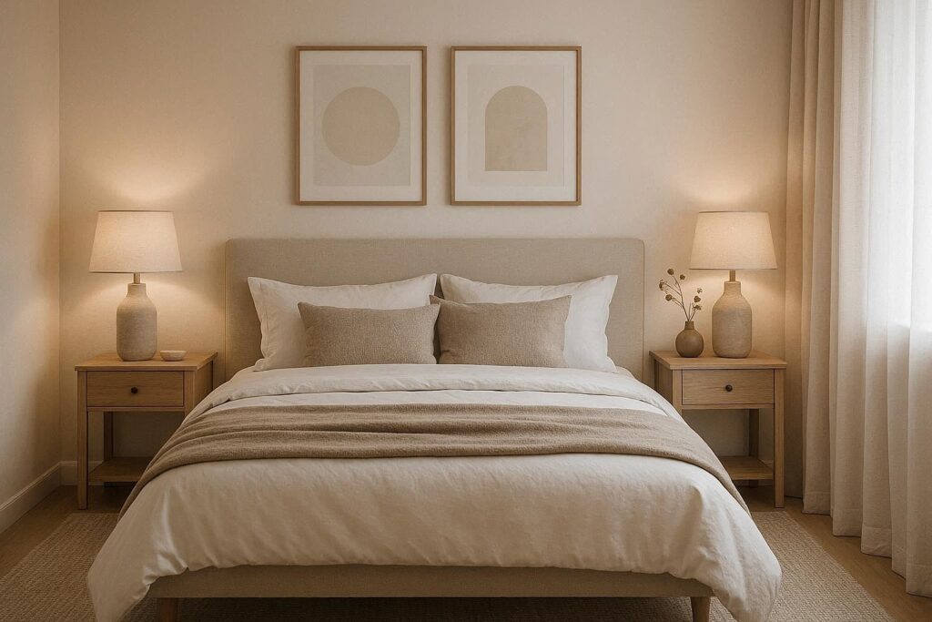 Budget bedroom decor ideas that look mature with neutral colors, soft lighting, and minimal accessories